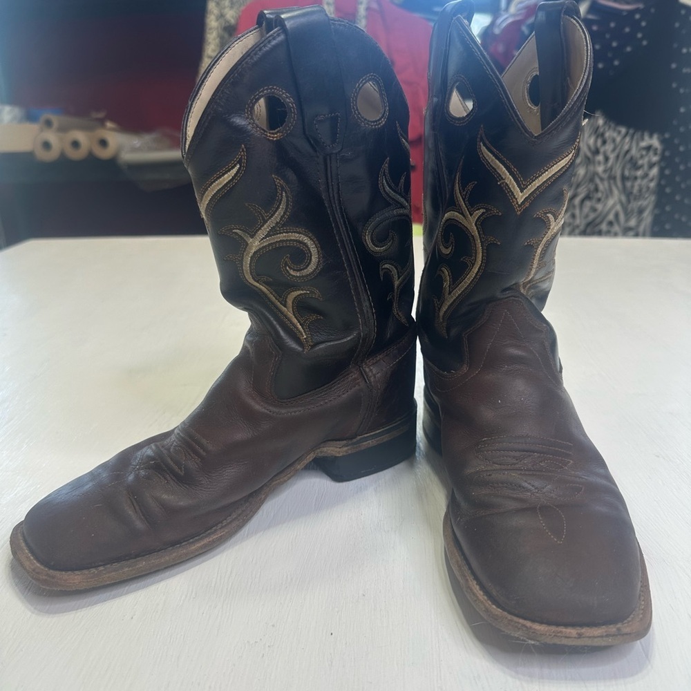 Old West Kids Cowboy Boots Brown Leather Square Toe Western Youth Size 3D